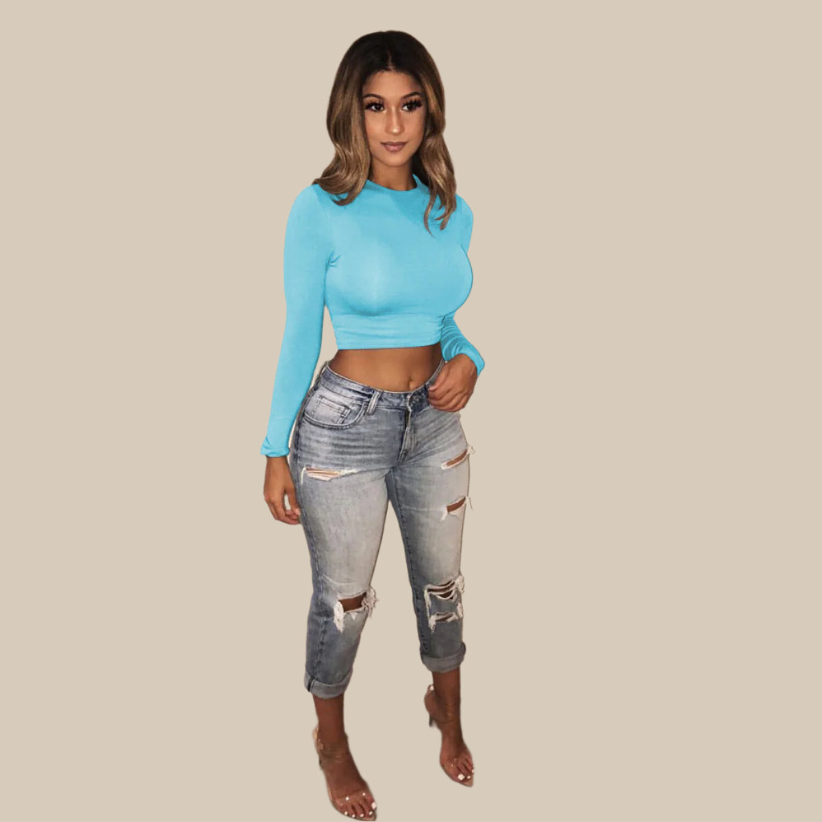 Dames lange mouwen slanke sexy basic crop tops