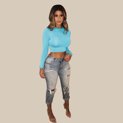 Dames lange mouwen slanke sexy basic crop tops