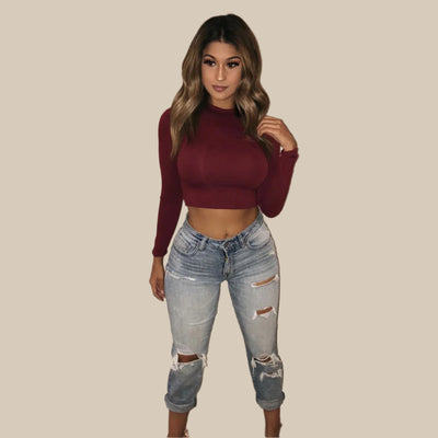 Dames lange mouwen slanke sexy basic crop tops