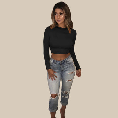 Dames lange mouwen slanke sexy basic crop tops